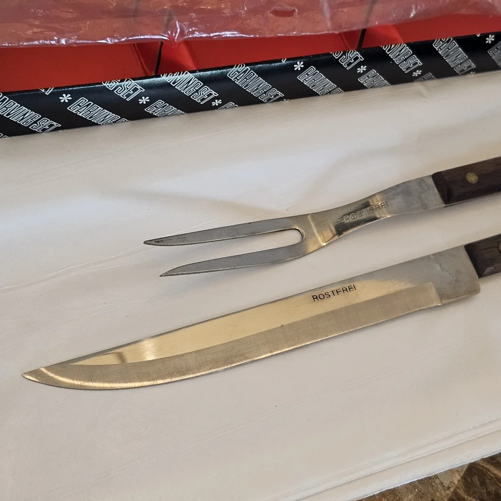 60's Rostfrei Wood Handle Meat Carving Knife & Fork Boxed Set Vintage MCM
